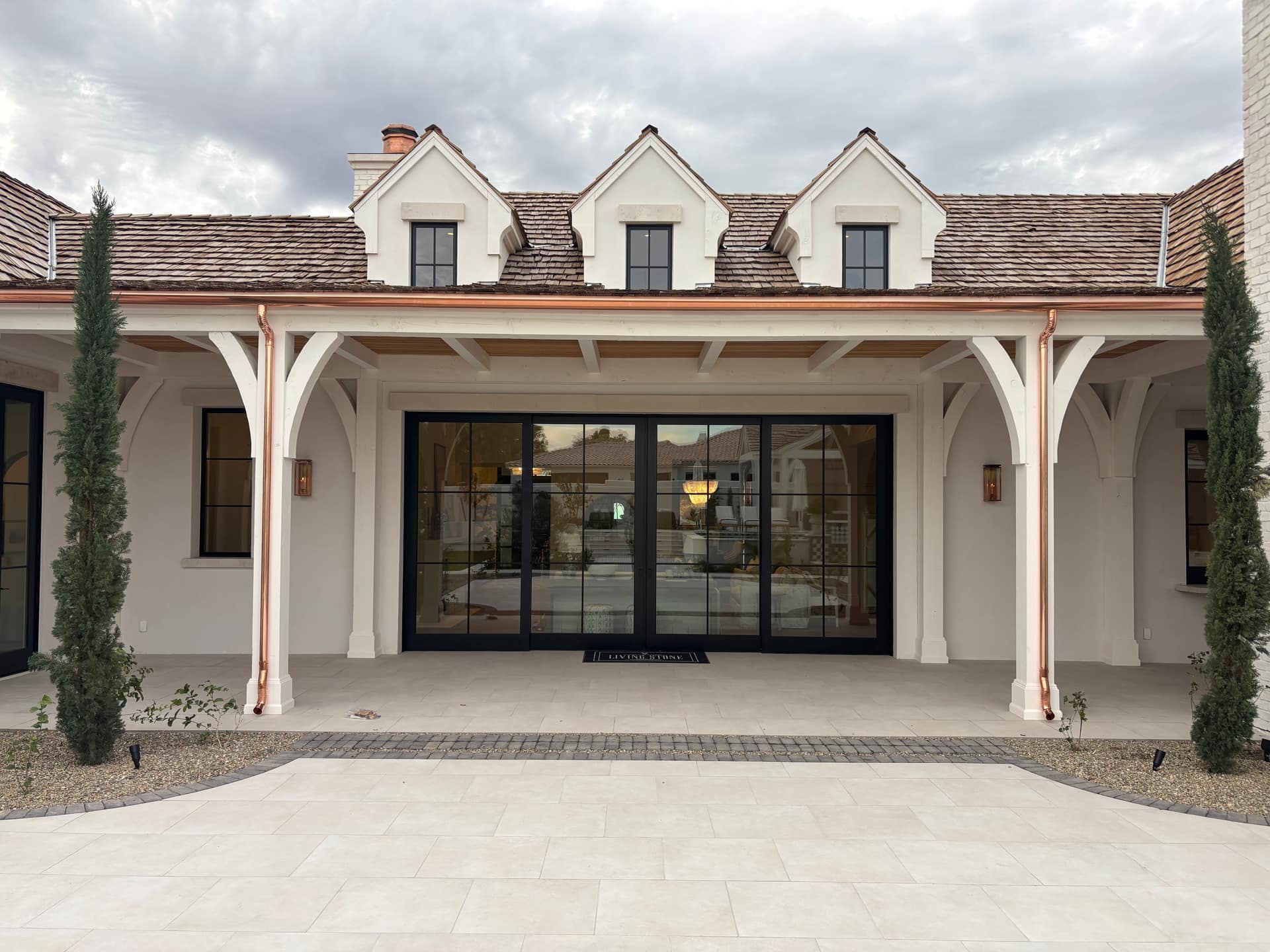 Copper seamless gutters on a luxury estate courtyard in the Phoenix Valley by Grizzly Rain Gutters